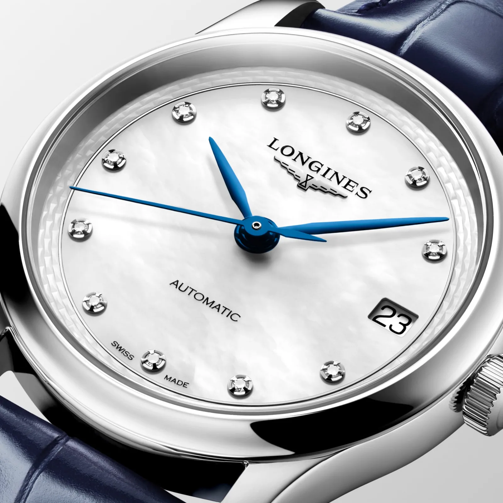 Longines Master Collection Perlmutt Diamanten Lederband blau 34 mm Damenuhr L2.450.4.87.2