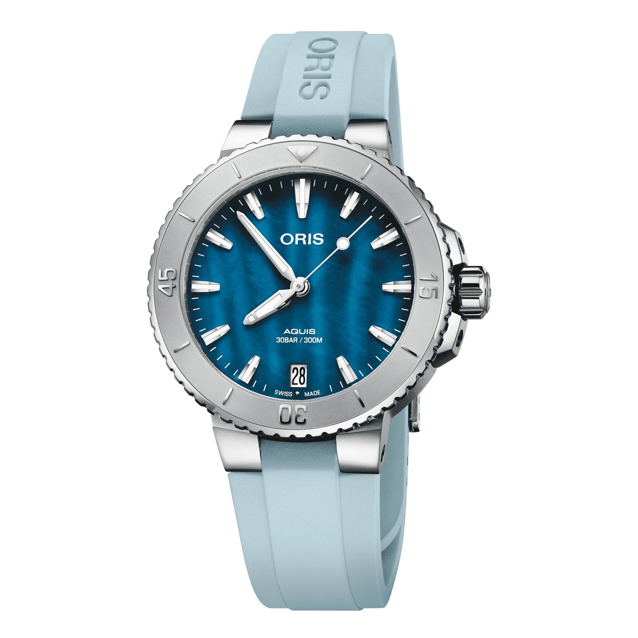 Oris Aquis Date 36,5mm Kautschukband Perlmutt Blau Damenuhr 01 733 7770 4155-07 4 18 65FC