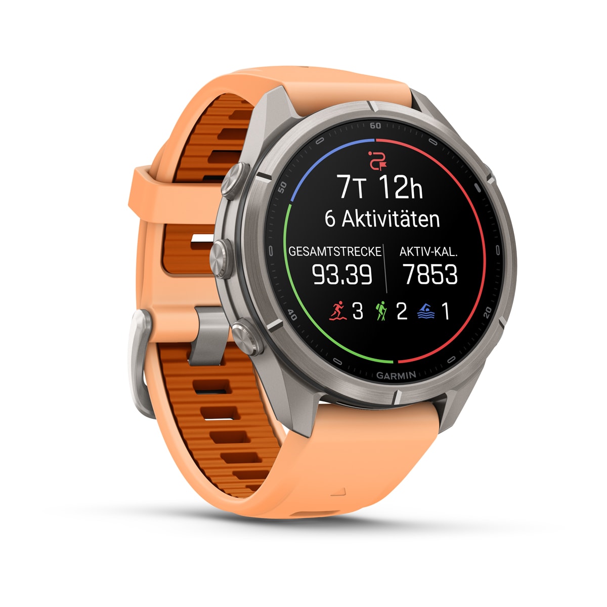 Garmin fēnix® 9 Pro inReach® - 43 mm AMOLED Sapphire Titan mit Silikon-Armband Shell Pink/Autumn Orange 010-04335-01