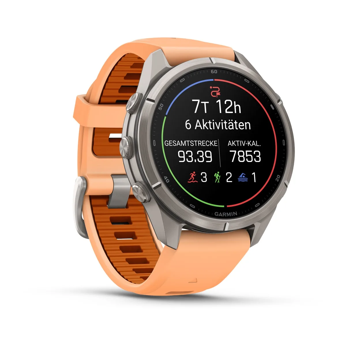 Garmin fēnix® 9 Pro inReach® - 43 mm AMOLED Sapphire Titan mit Silikon-Armband Shell Pink/Autumn Orange 010-04335-01