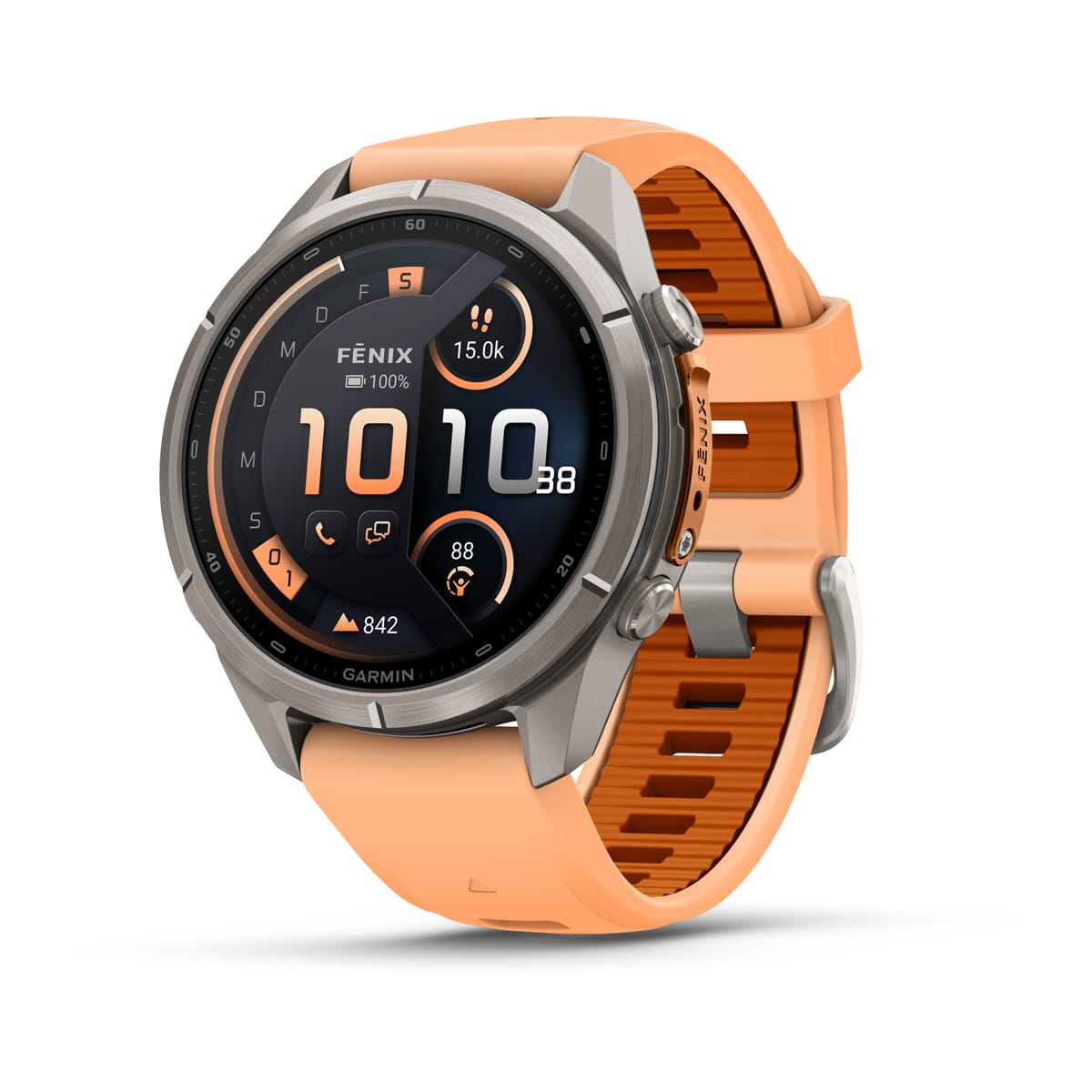 Garmin fēnix® 9 Pro inReach® - 43 mm AMOLED Sapphire Titan mit Silikon-Armband Shell Pink/Autumn Orange 010-04335-01