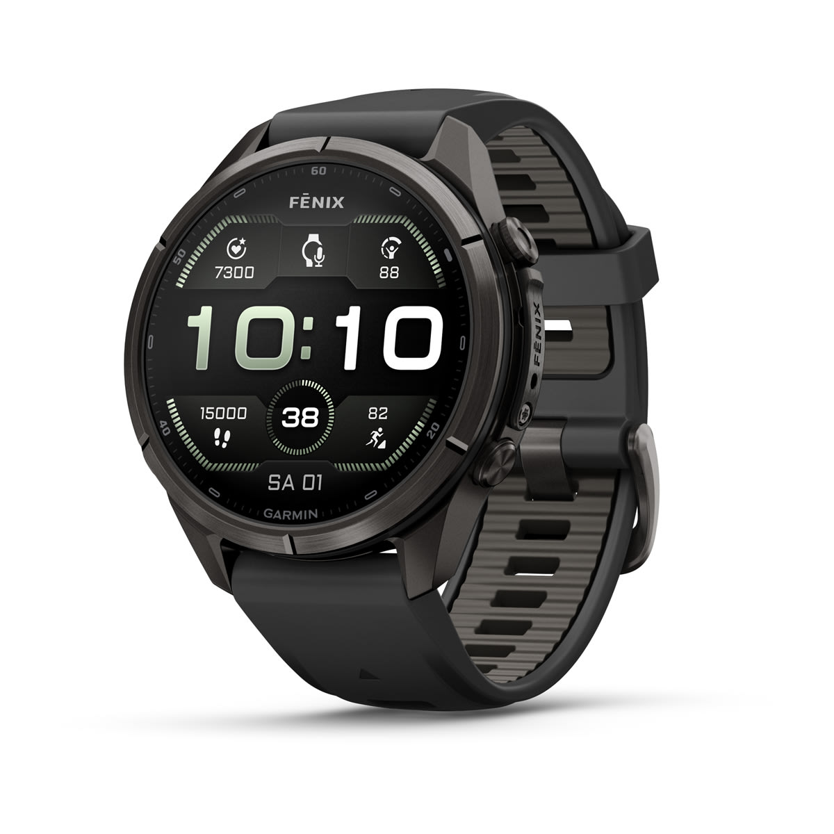 Garmin fēnix® 9 Pro inReach® - 43 mm AMOLED Sapphire Carbongrau DLC Titan mit Silikon-Armband Schwarz/Kieselgrau 010-04335-11