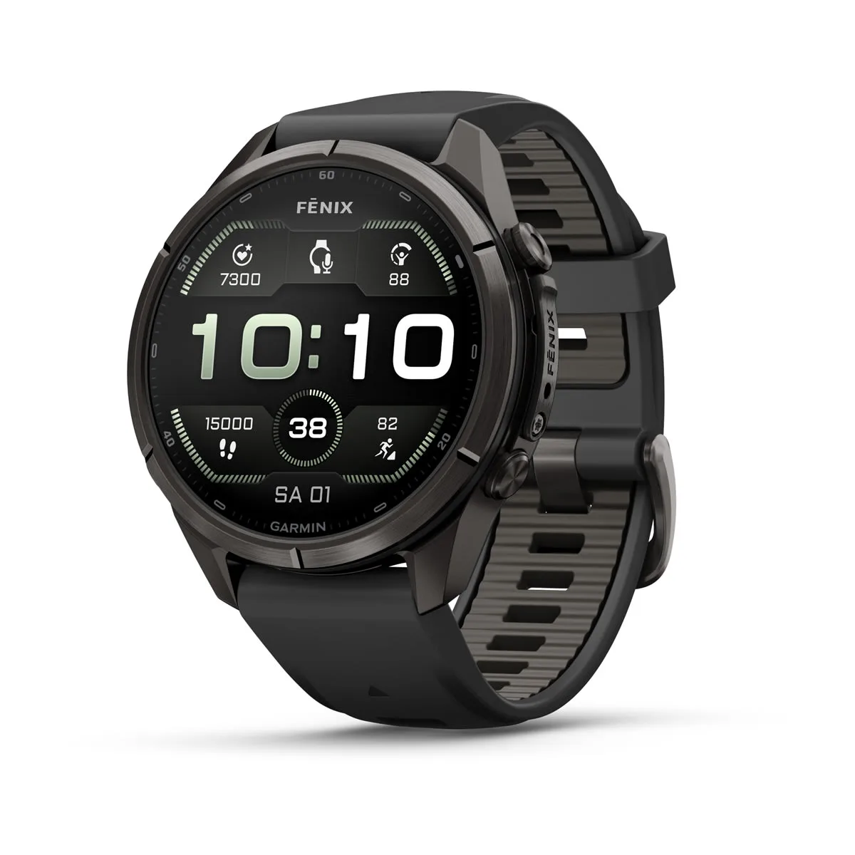 Garmin fēnix® 9 Pro inReach® - 43 mm AMOLED Sapphire Carbongrau DLC Titan mit Silikon-Armband Schwarz/Kieselgrau 010-04335-11