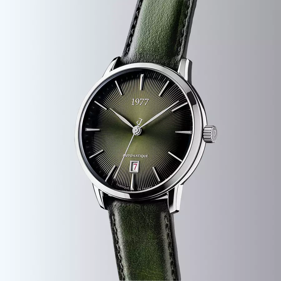 1977 EDMOND Automatique, 40 MM, Cadran Vert Olive, Bracelet Cuir Vert Herrenuhr 1977P01177