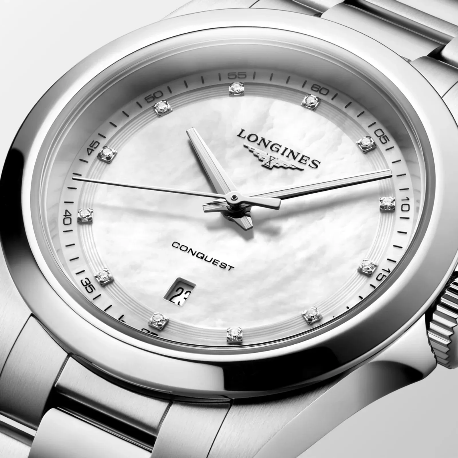 Longines Conquest Perlmutt Diamanten Edelstahlband 30 mm Damenuhr L3.350.4.87.6