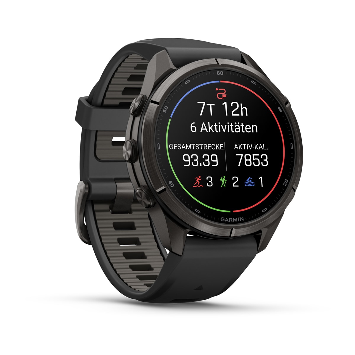 Garmin fēnix® 9 Pro inReach® - 43 mm AMOLED Sapphire Carbongrau DLC Titan mit Silikon-Armband Schwarz/Kieselgrau 010-04335-11