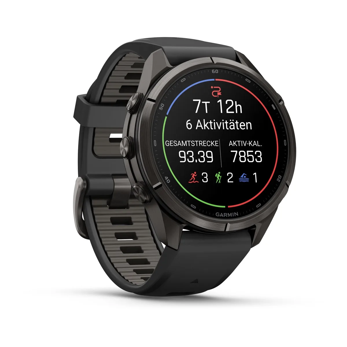 Garmin fēnix® 9 Pro inReach® - 43 mm AMOLED Sapphire Carbongrau DLC Titan mit Silikon-Armband Schwarz/Kieselgrau 010-04335-11