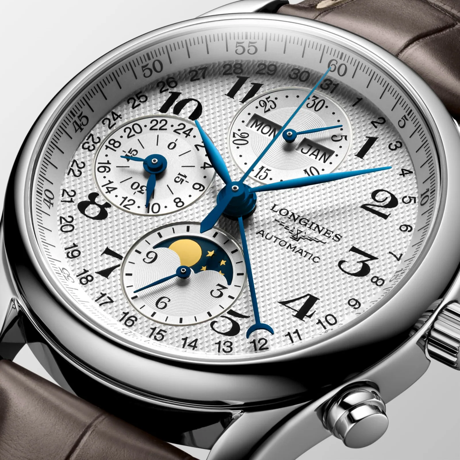 Longines Master Collection Chrono Mondphase Silber Lederband braun 40 mm Herrenuhr L2.673.4.78.3
