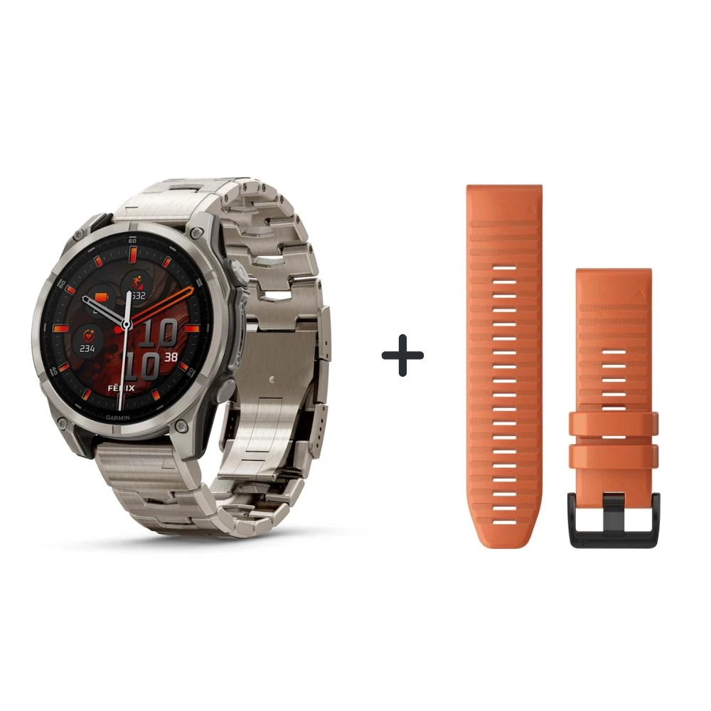 Garmin fēnix® 8 - 47 mm AMOLED Sapphire Graphit/Titanium Titan 010-02904-11 Bundle mit orangenem Silikonband