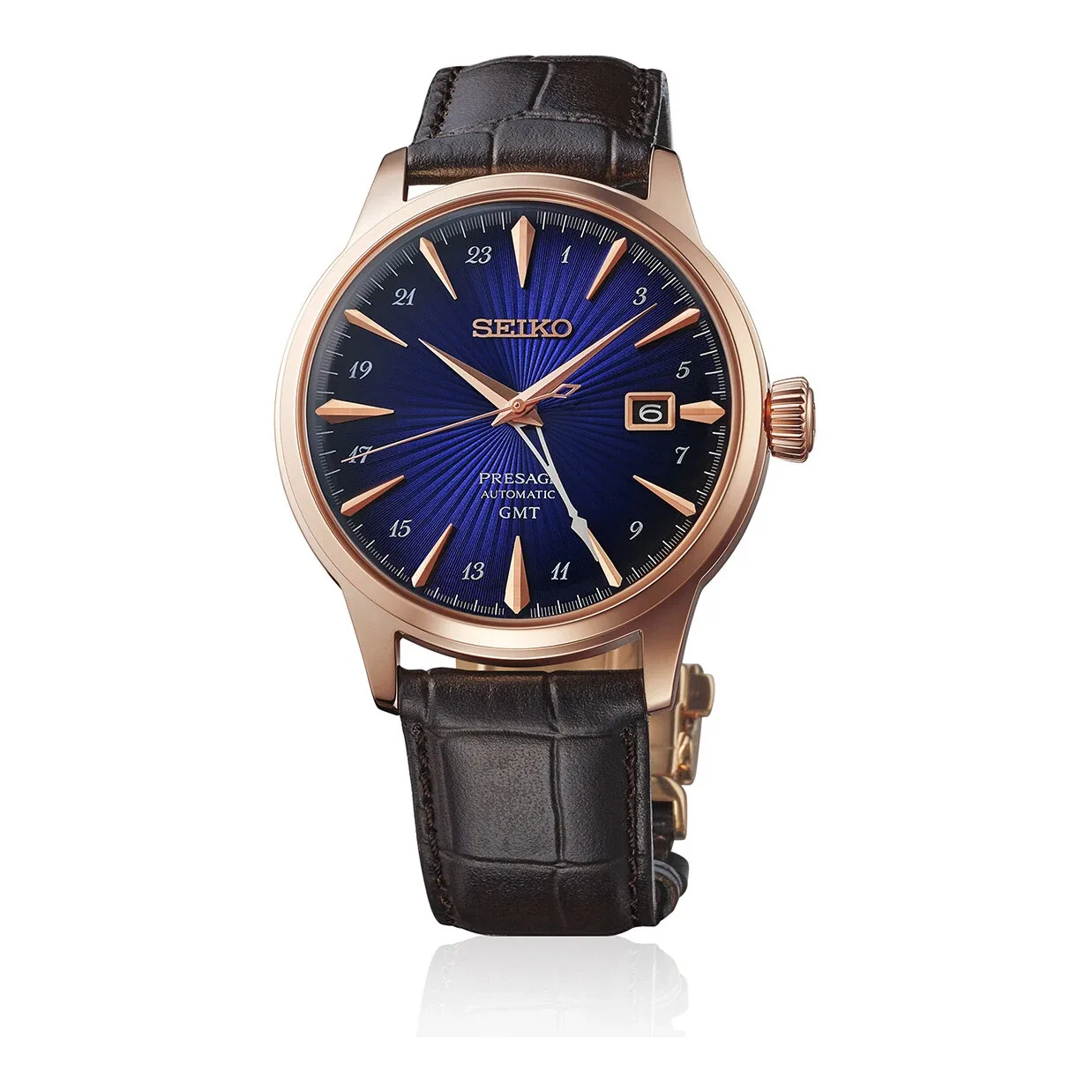 Seiko Presage Cocktail Time GMT Automatik 40 mm Lederband Blau Herrenuhr HCB005J1