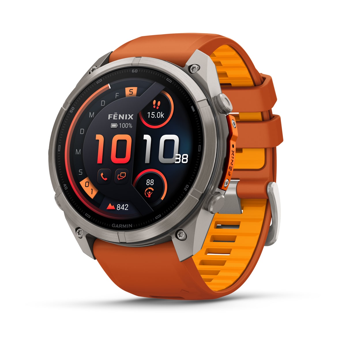 Garmin fēnix® 9 Pro inReach® - 51 mm AMOLED Sapphire Titan mit Silikon-Armband Autumn Orange/Spark Orange 010-04337-01