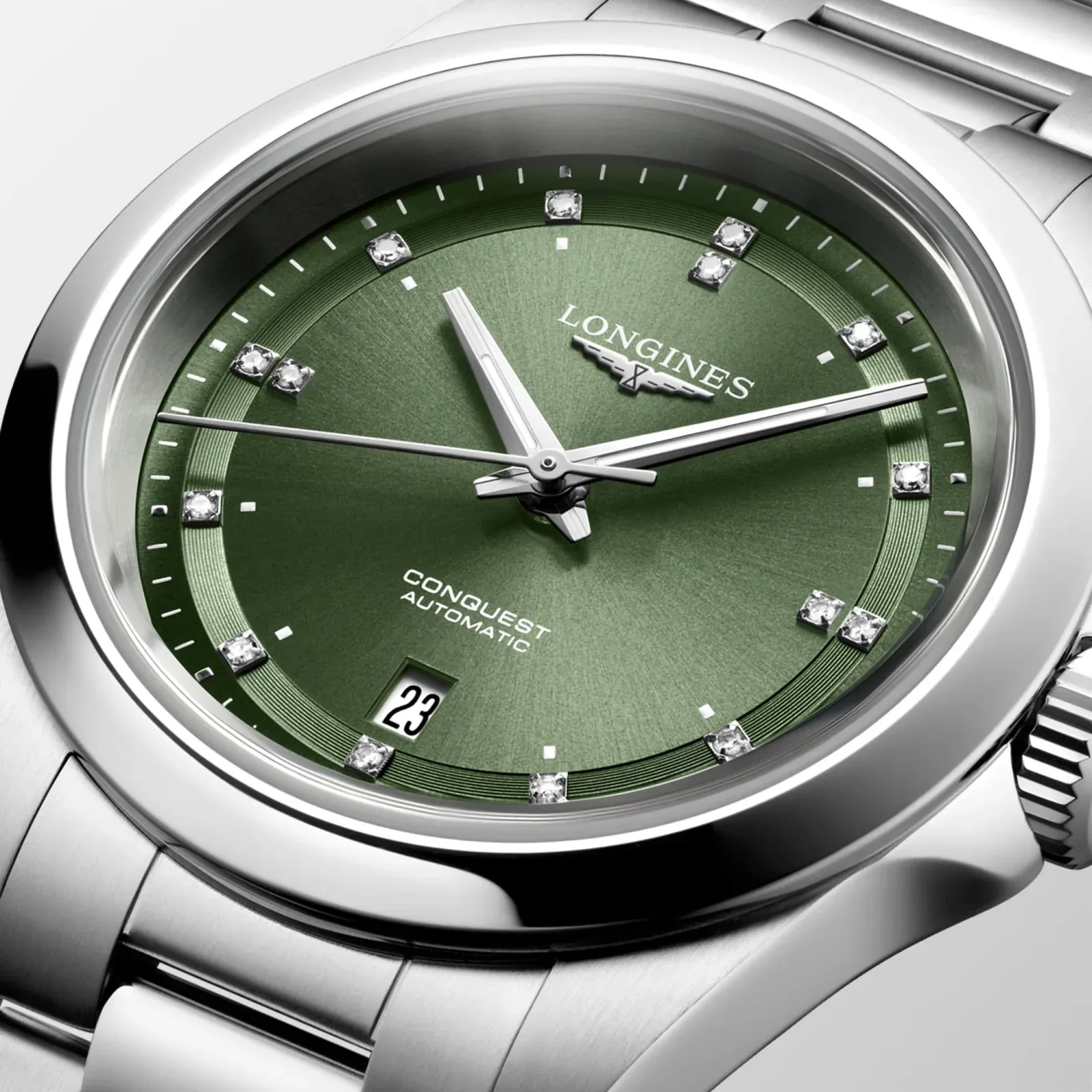 Longines Conquest Grün Diamanten Edelstahlband 30 mm Damenuhr L3.320.4.07.6