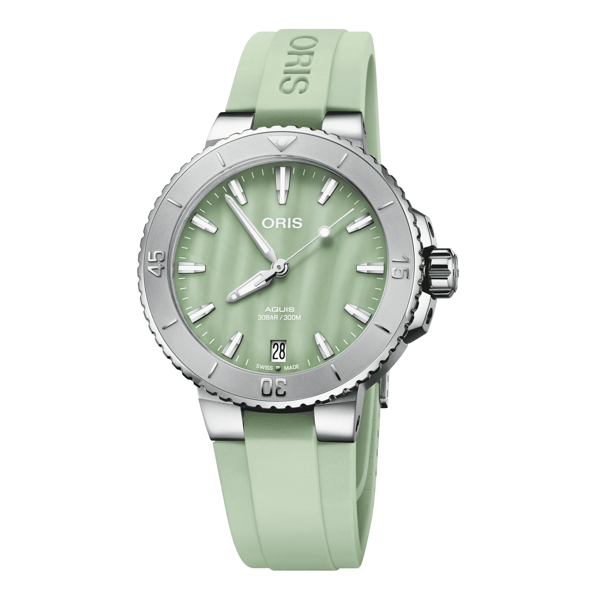 Oris Aquis Date 36,5mm Kautschukband Perlmutt Grün Damenuhr 01 733 7770 4157-07 4 18 67FC