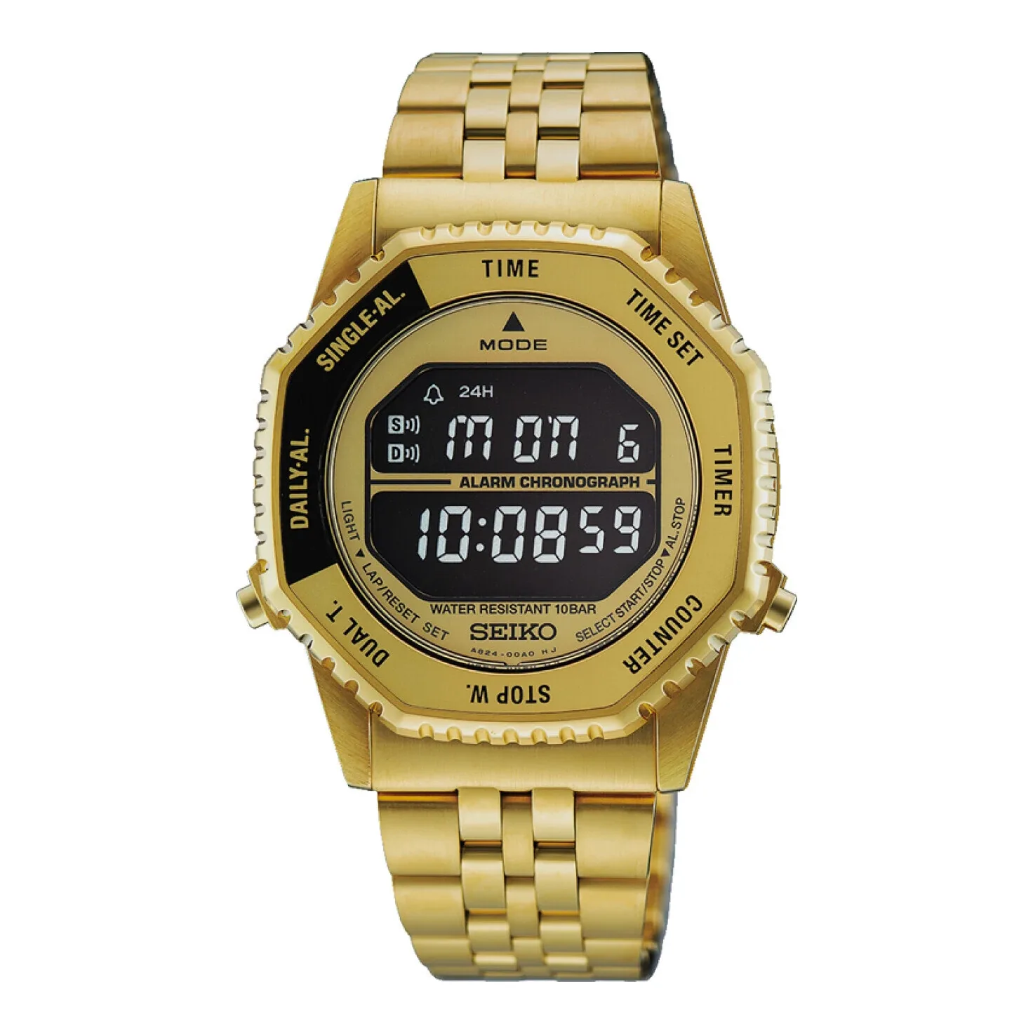 Seiko Digital Alarm Chronograph 37 mm Goldfarben Schwarz Herrenuhr HFL003P1