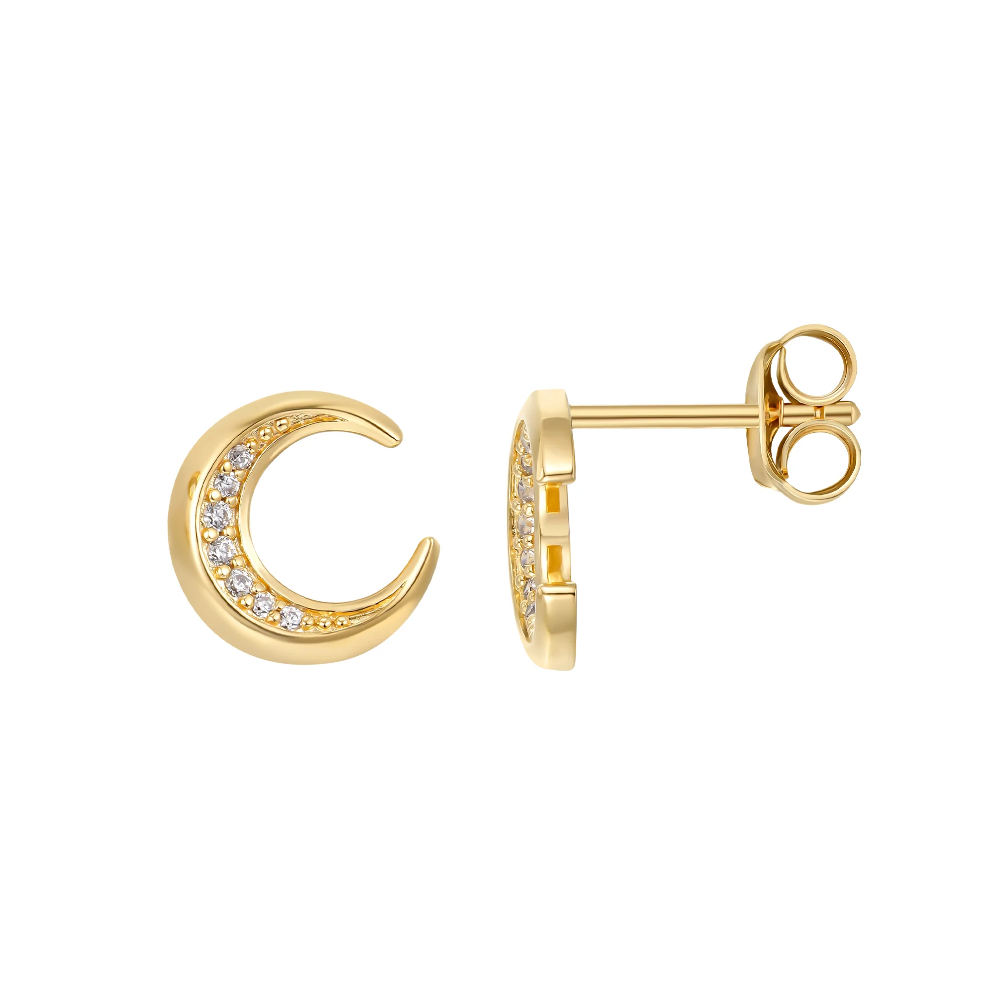Seinerzeit Stecker Muna Gold Mond Ohrringe aus 925 Sterling Silber, 18K vergoldet und mit weißen Zirkonia