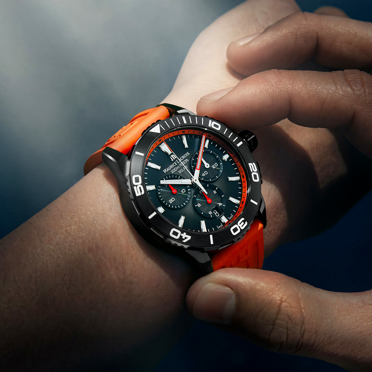 Maurice Lacroix PONTOS S SOLAR CHRONOGRAPH SPECIAL EDITION, 42 mm, Quartz, Kautschukarmband, Orange Herrenuhr PT1038-DLB00-330-6