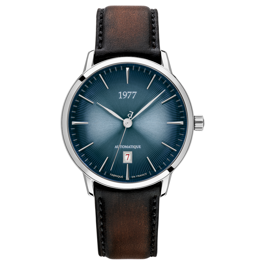 1977 EDMOND Automatique, 40 MM, Cadran Bleu, Bracelet Cuir Marron Herrenuhr 1977P01164