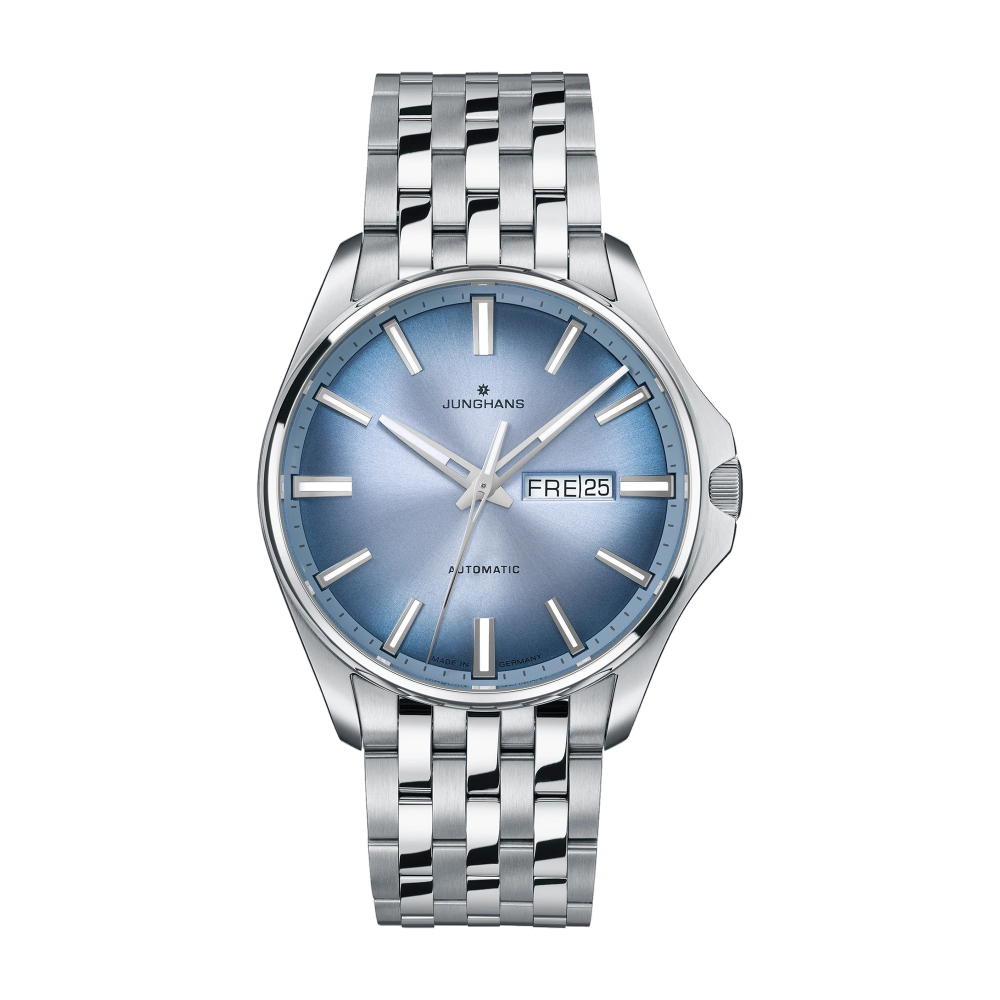 Junghans Meister S Automatic, 44mm, hellblaues Zifferblatt, Edelstahlband Herrenuhr 27/4614.44