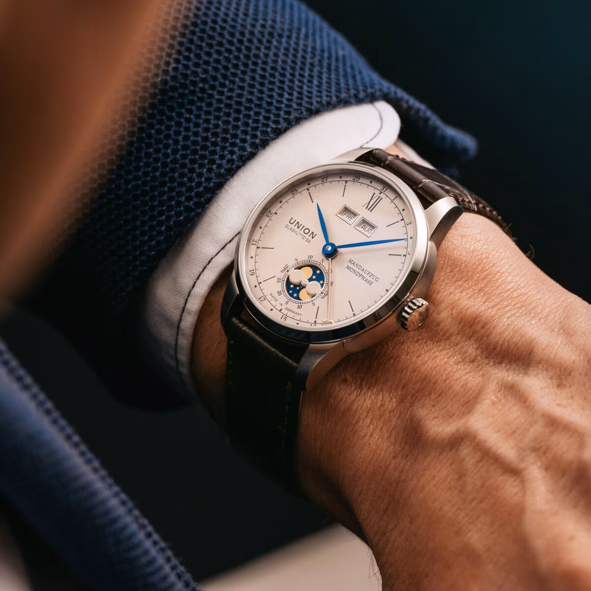 Union Glashütte 1893 Johannes Dürrstein Edition "Doppelmondphase" Herrenuhr D007.458.16.039.00