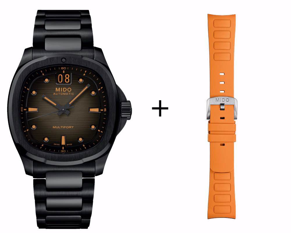 Mido Multifort TV schwarz Big Date Herrenuhr M049.526.33.081.00 Set mit orangenem Kautschukband