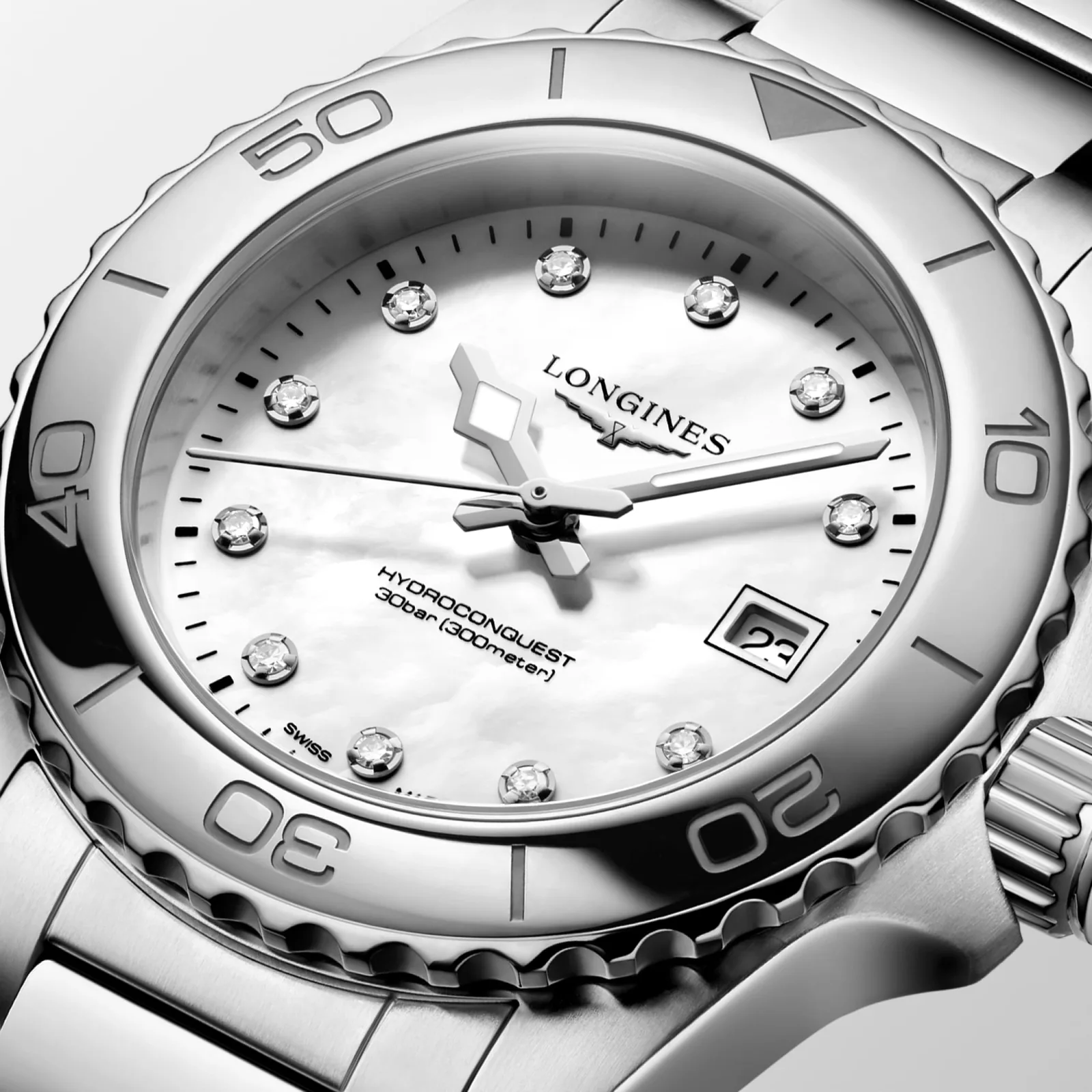 Longines HydroConquest Perlmutt Diamanten Edelstahlband 30 mm Damenuhr L3.369.4.87.6