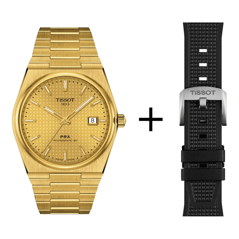 Tissot PRX Gold Powermatic Herrenuhr 80 T137.407.33.021.00 Set mit schwarzem Kautschukarmband