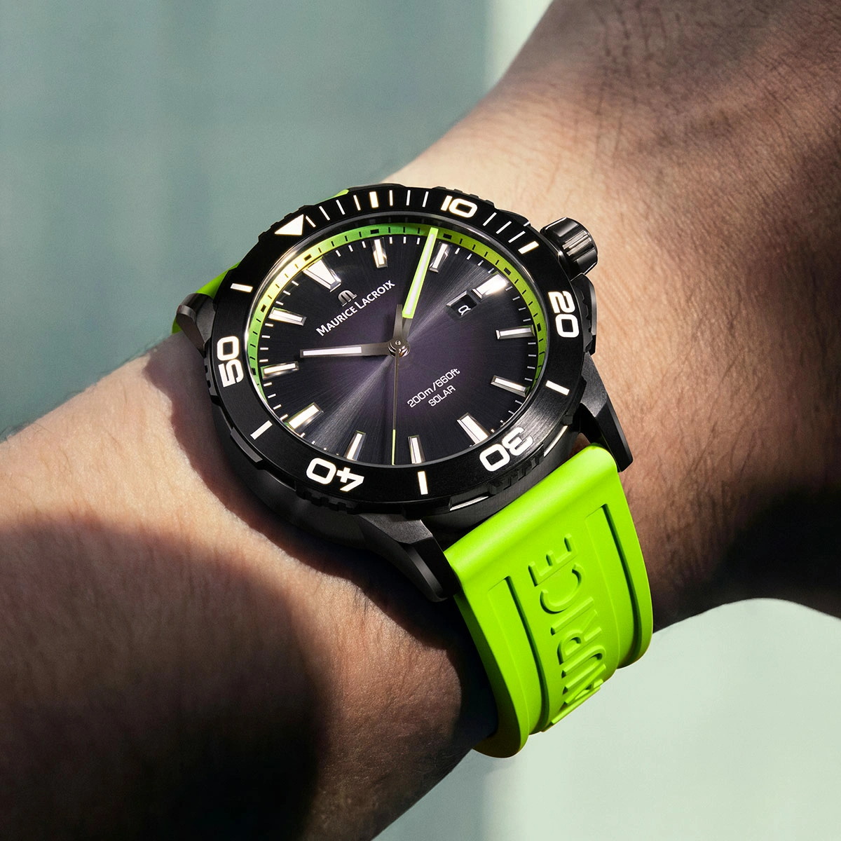 Maurice Lacroix PONTOS S SOLAR SPECIAL EDITION, 42 mm, Neongrünes Kautschukarmband Herrenuhr PT1008-DLB00-330-5