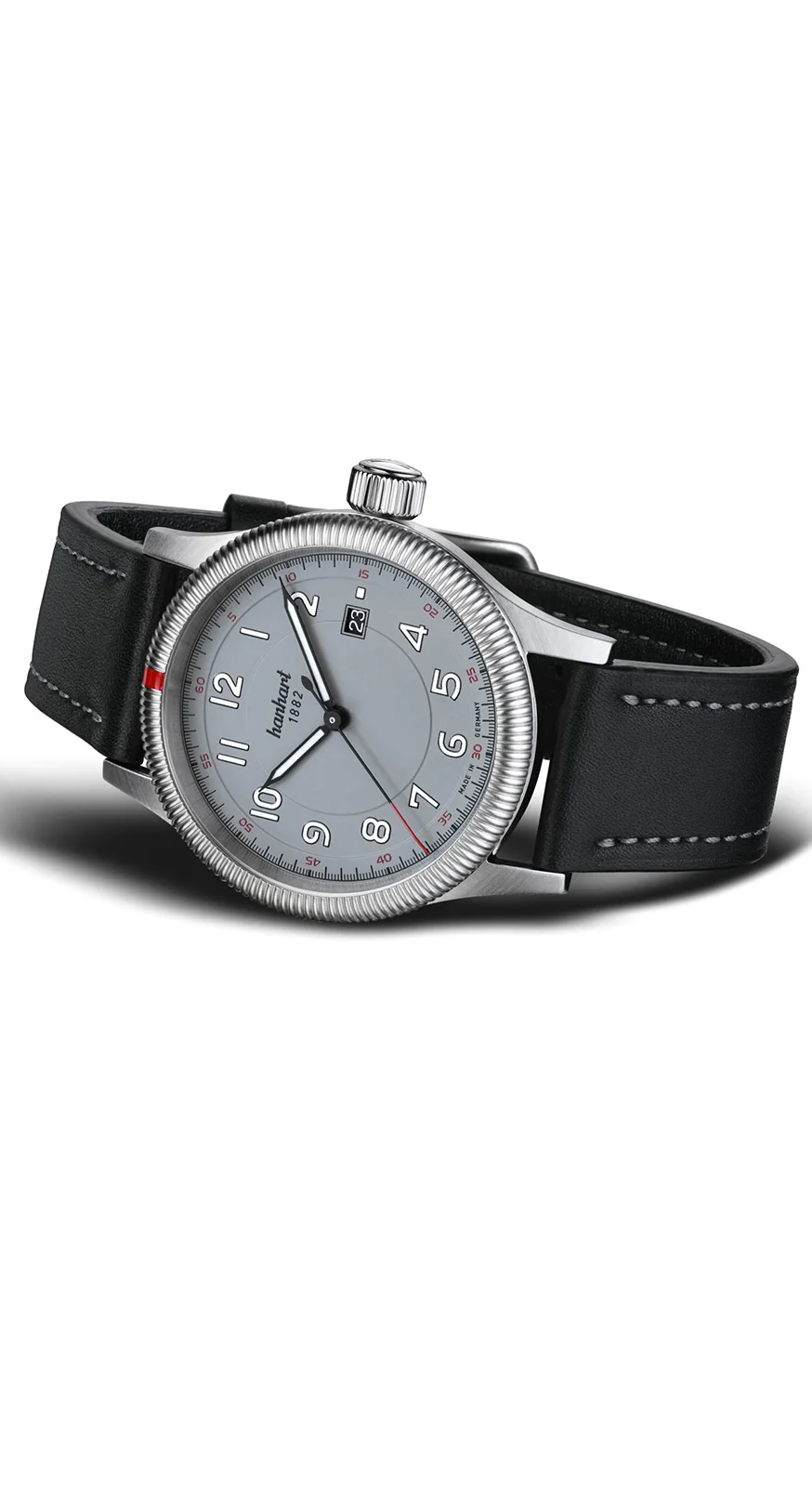 Hanhart PIONEER One grau 42 mm Lederband Schwarz Herrenuhr 762.240-7010