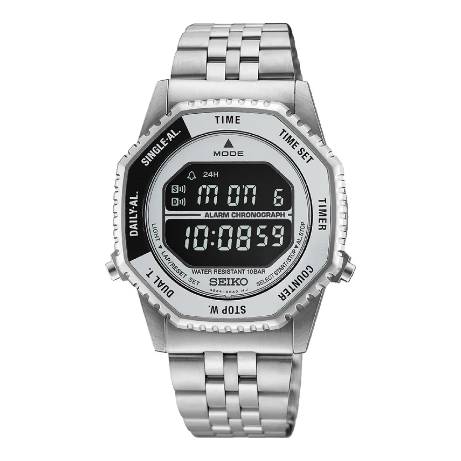 Seiko Digital Alarm Chronograph 37 mm Edelstahl Schwarz Herrenuhr HFL002P1