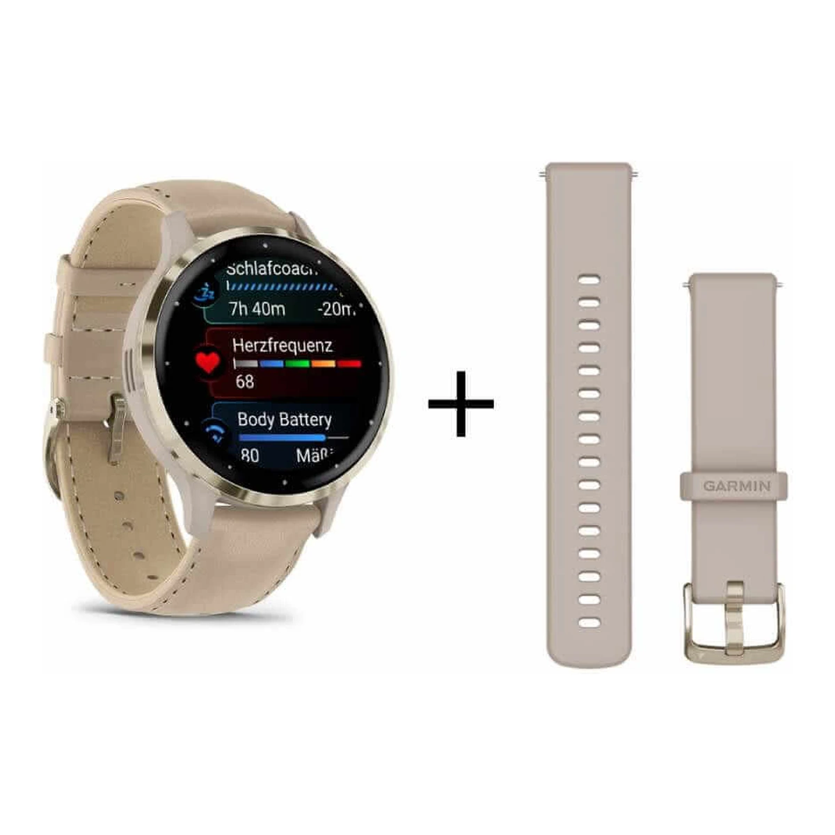 Garmin Venu 3S French Gray/Softgold mit Leder-Armband und Silikonband 010-02785-55