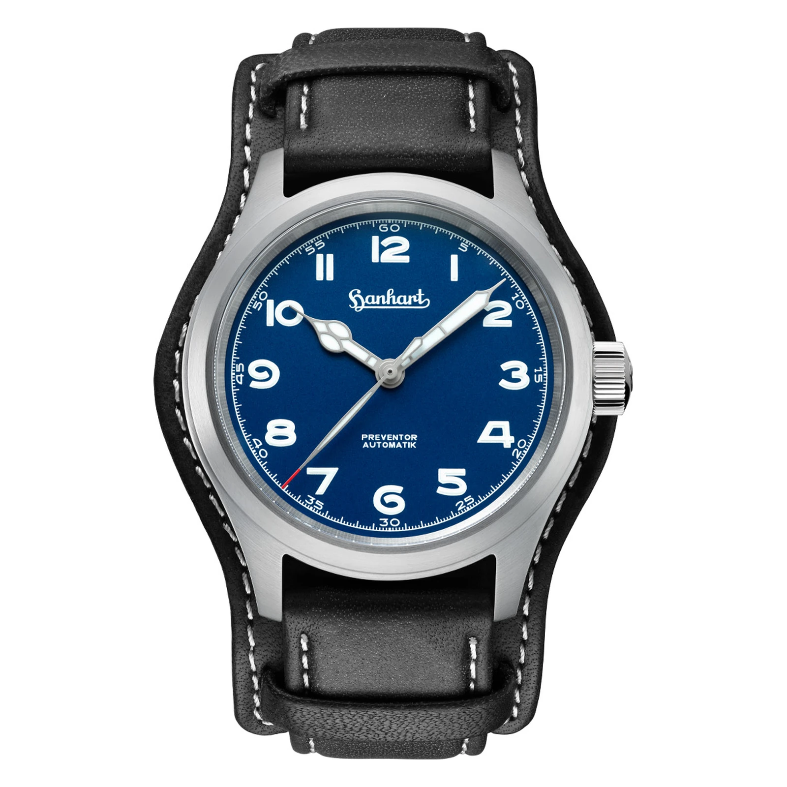 Hanhart PIONEER Preventor HD12 blau 39 mm Lederband Schwarz Herrenuhr 792.870-7010