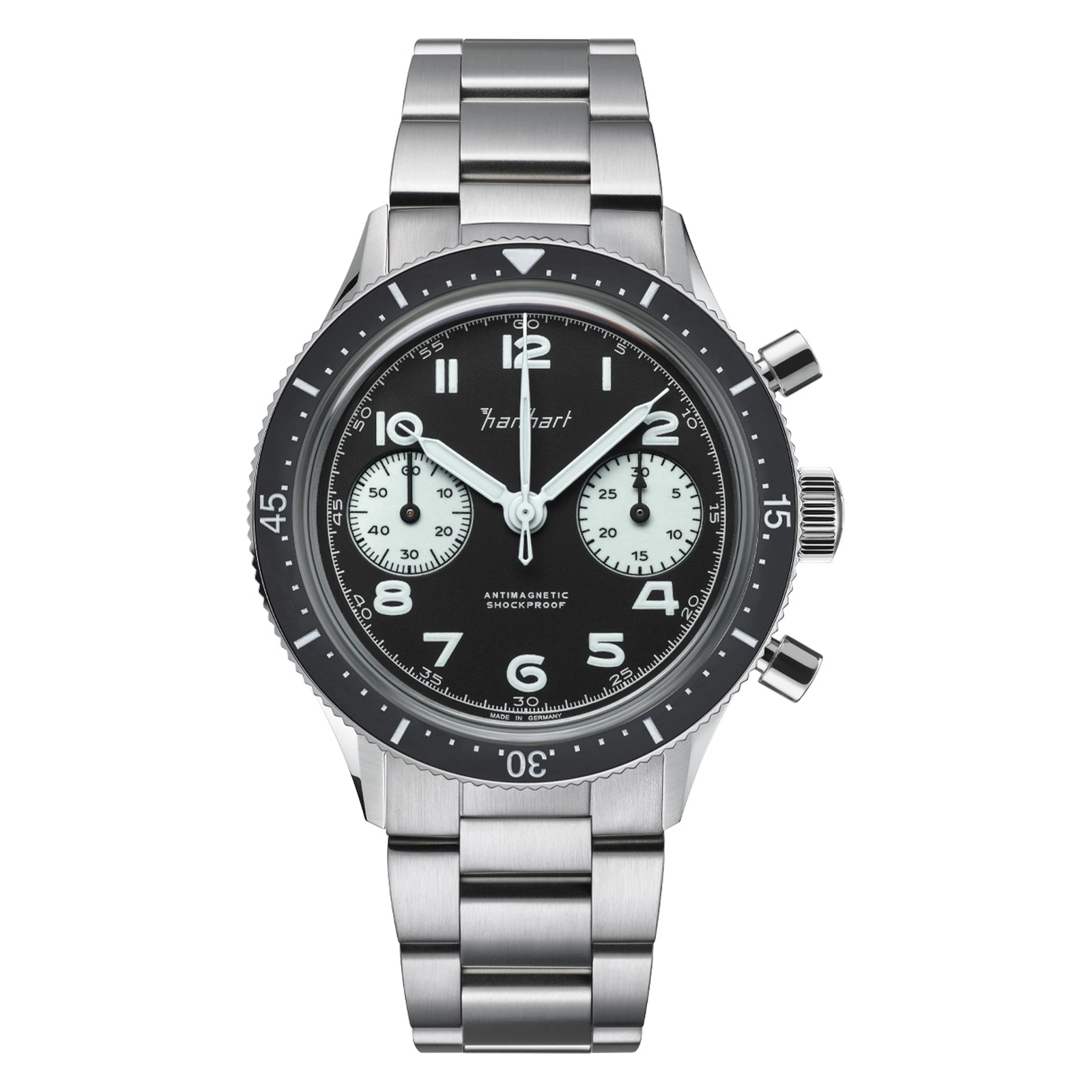 Hanhart 415 ES Reverse Panda 39 mm Edelstahlband Silber Herrenuhr H703.211-6428