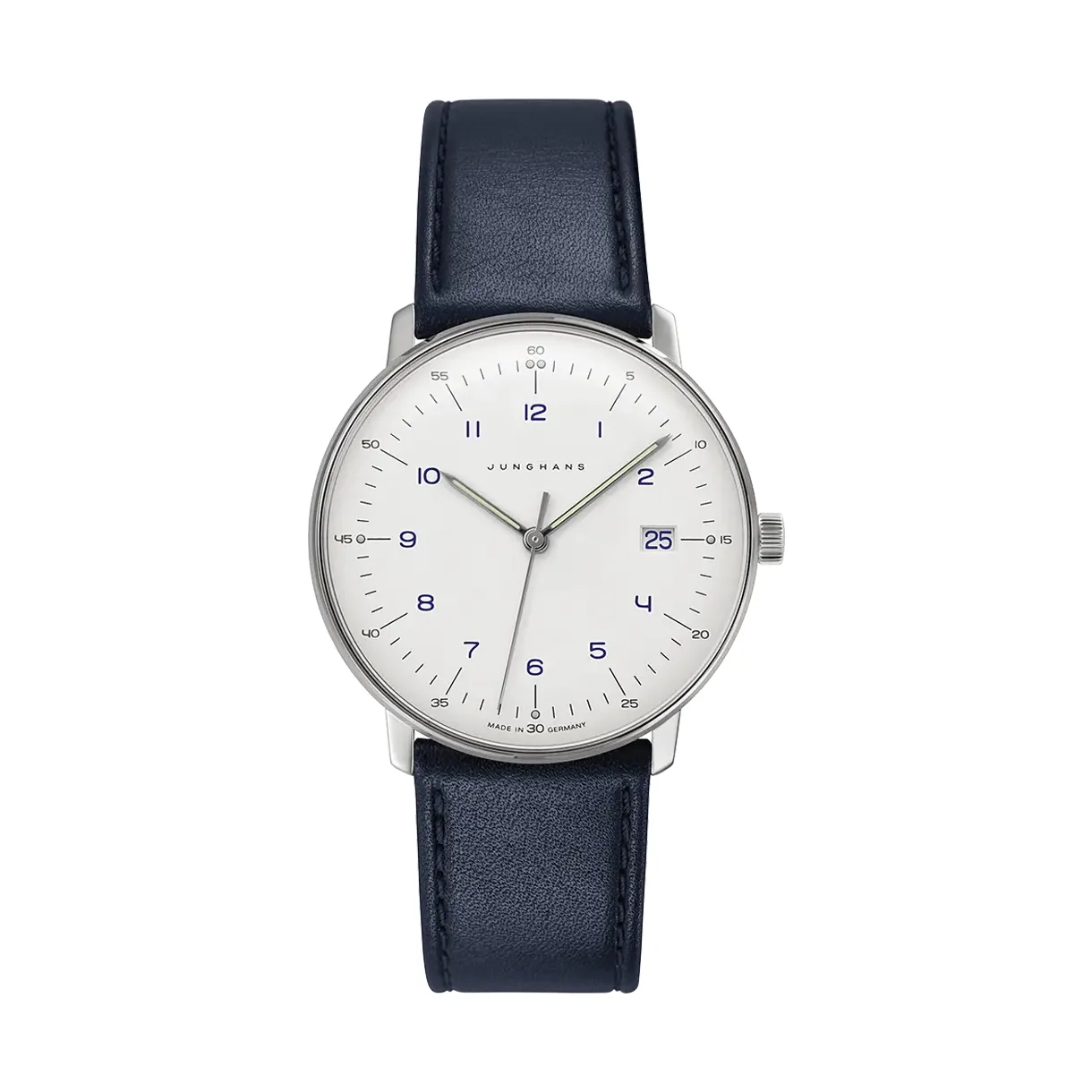 Junghans max bill Quarz Edelstahl blaues Lederband Herrenuhr 41/4668.02