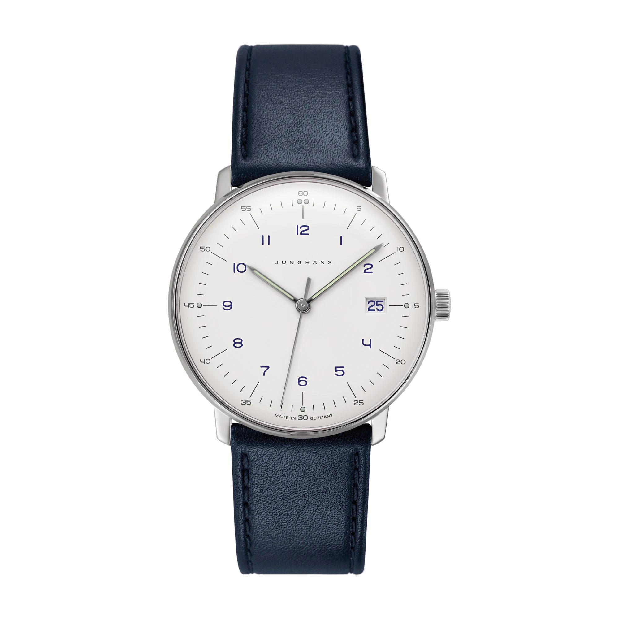 Junghans max bill Quarz Edelstahl blaues Lederband Herrenuhr 41/4668.02