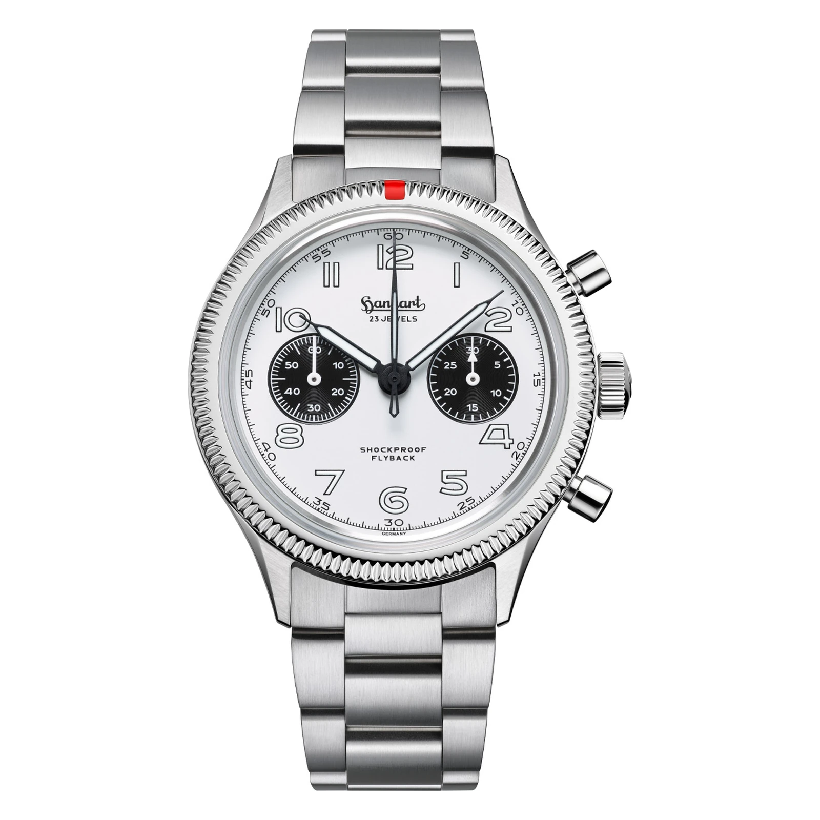 Hanhart 417 ES Flyback Panda 42 mm Edelstahlband Silber Herrenuhr H721.201-6428