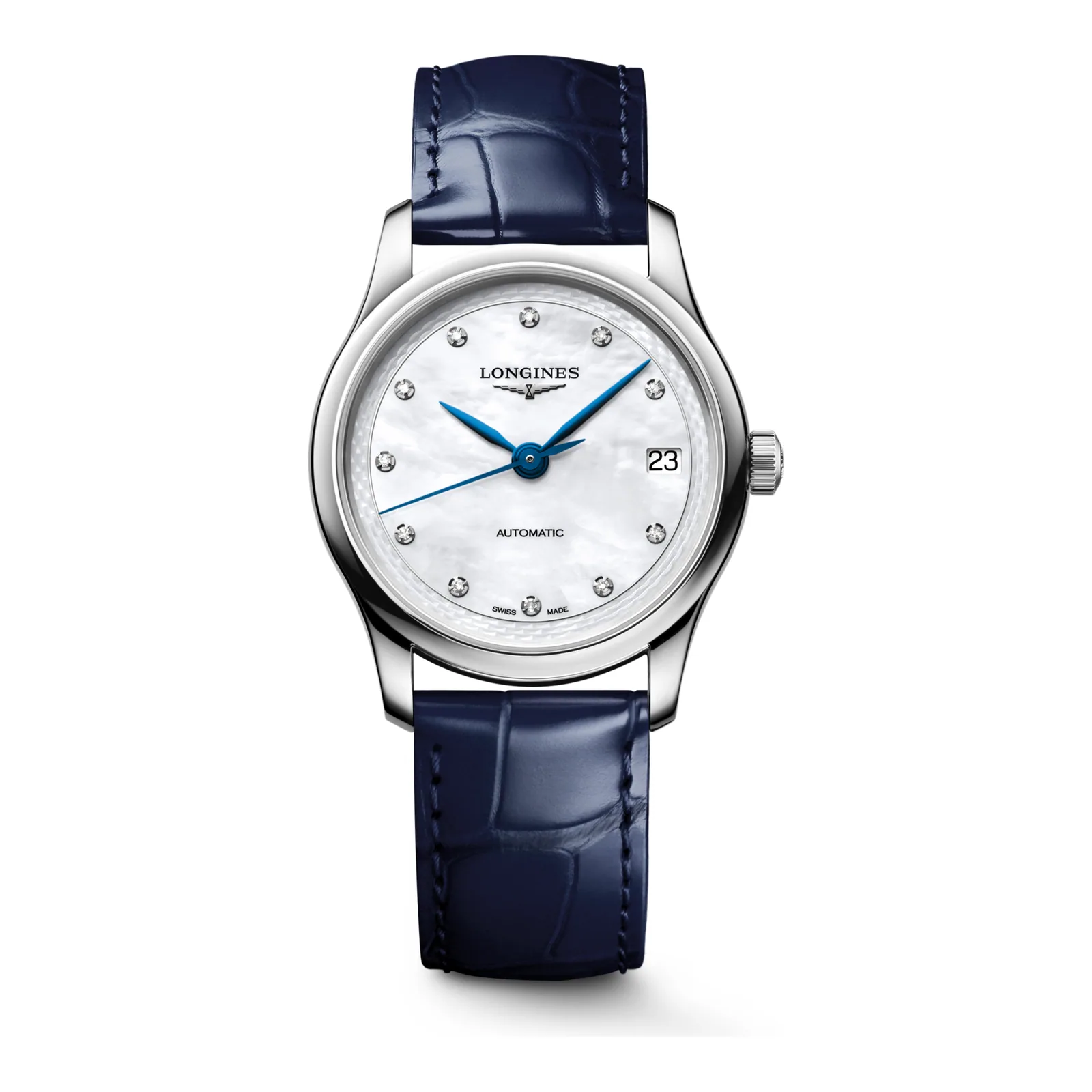 Longines Master Collection Perlmutt Diamanten Lederband blau 34 mm Damenuhr L2.450.4.87.2