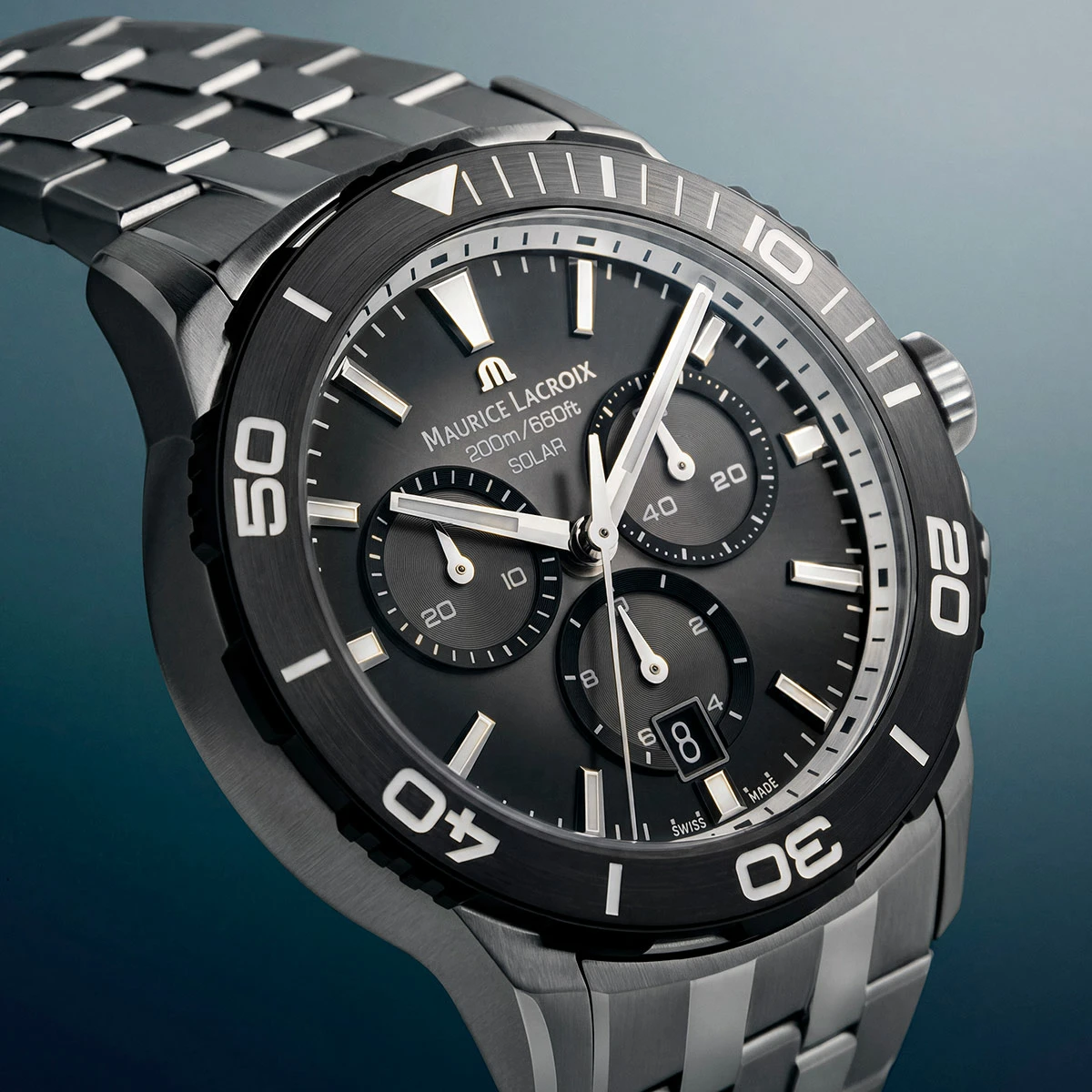 Maurice Lacroix PONTOS S SOLAR CHRONOGRAPH 42 mm, Quartz, Fünfreihiges Edelstahlarmband Herrenuhr PT1038-SSL22-330-1