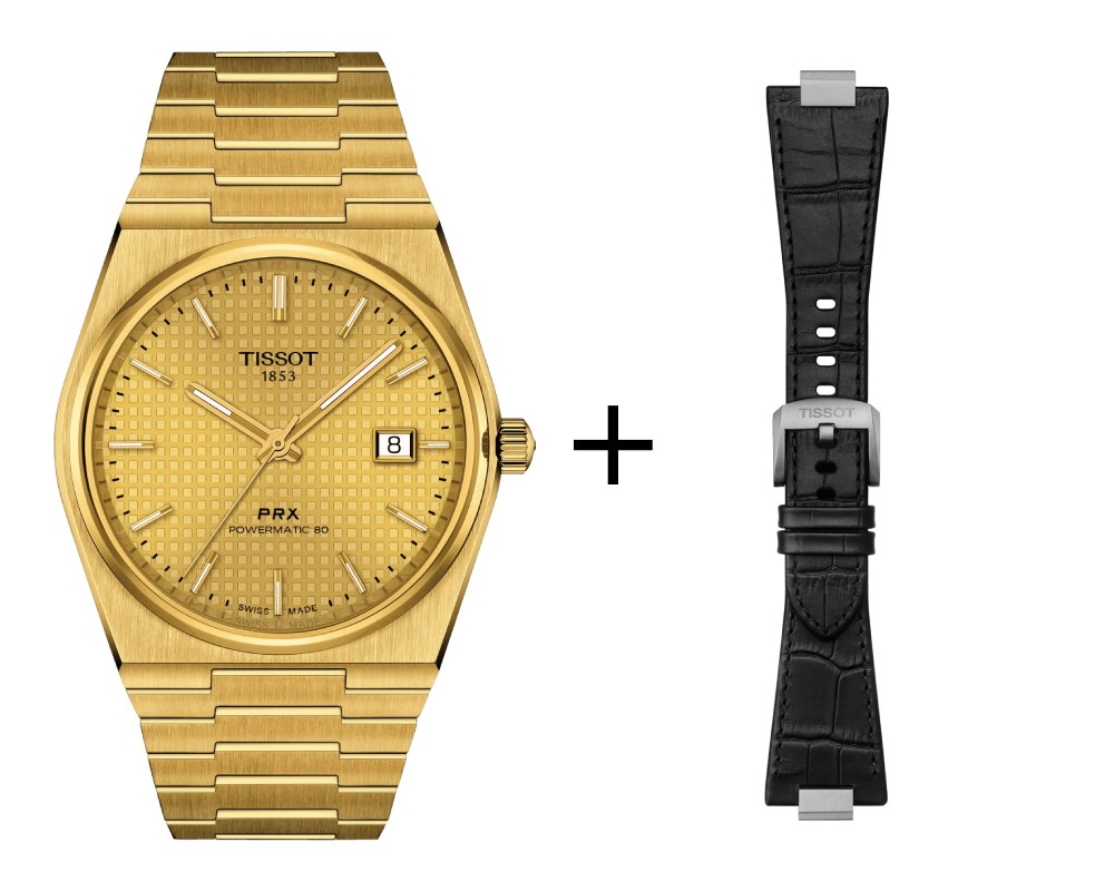 Tissot PRX Gold Powermatic Herrenuhr 80 T137.407.33.021.00 Set mit schwarzem Lederband 