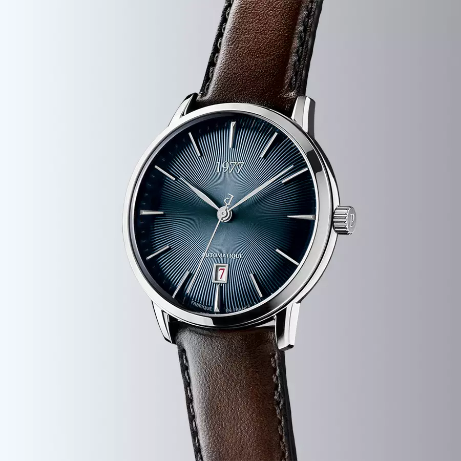 1977 EDMOND Automatique, 40 MM, Cadran Bleu, Bracelet Cuir Marron Herrenuhr 1977P01164
