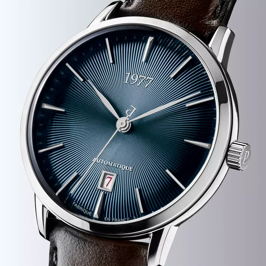 1977 EDMOND Automatique, 40 MM, Cadran Bleu, Bracelet Cuir Marron Herrenuhr 1977P01164
