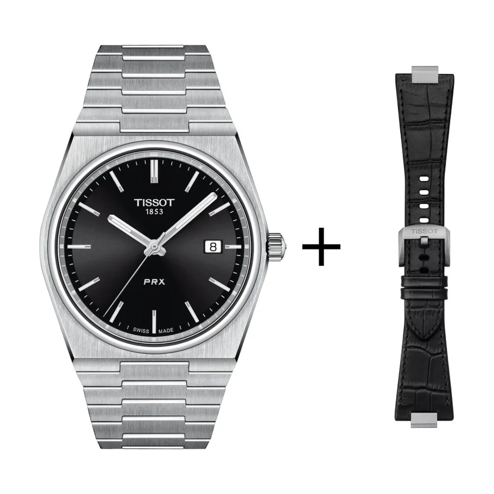 Tissot PRX Herrenuhr Quarz schwarz T137.410.11.051.00 Set mit schwarzen Lederband Krokooptik