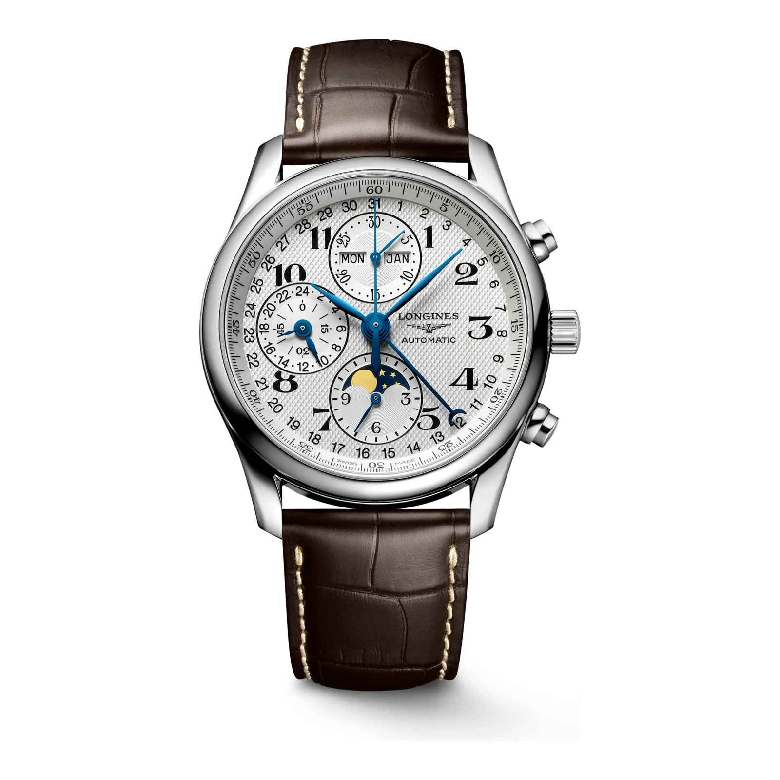 Longines Master Collection Chrono Mondphase Silber Lederband braun 40 mm Herrenuhr L2.673.4.78.3