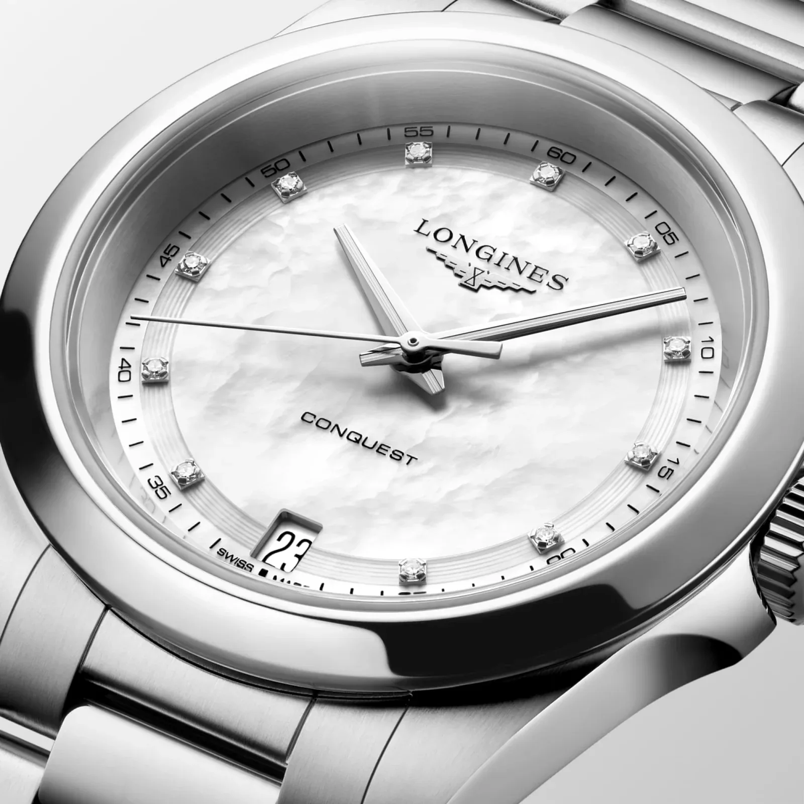 Longines Conquest Perlmutt Diamanten Edelstahlband 34 mm Damenuhr L3.460.4.87.6