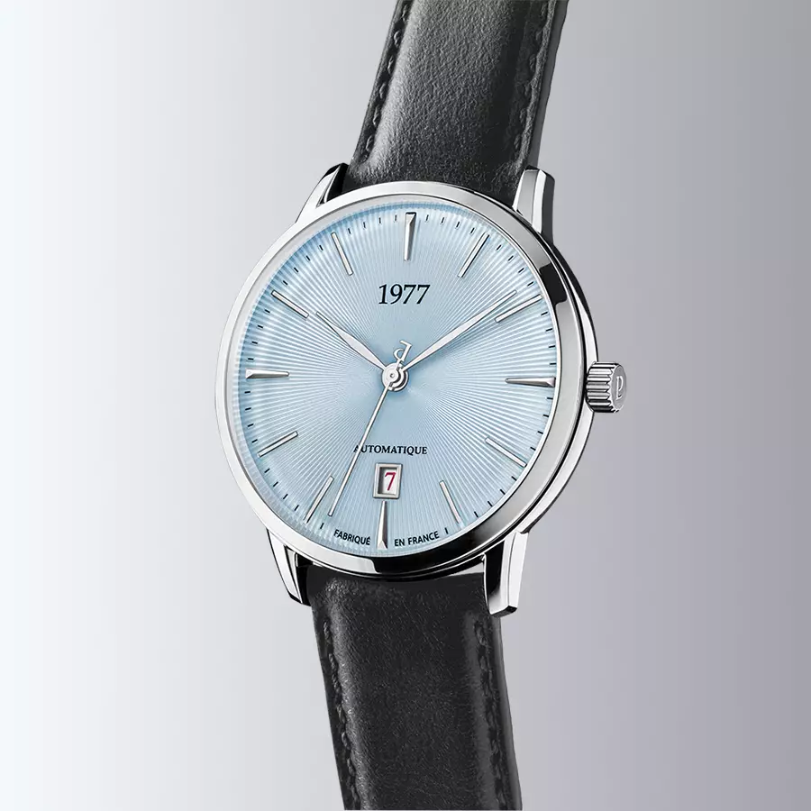 1977 EDMOND Automatique, 40 MM, Cadran Bleu Glacier, Bracelet Cuir Noir Herrenuhr 1977P01163