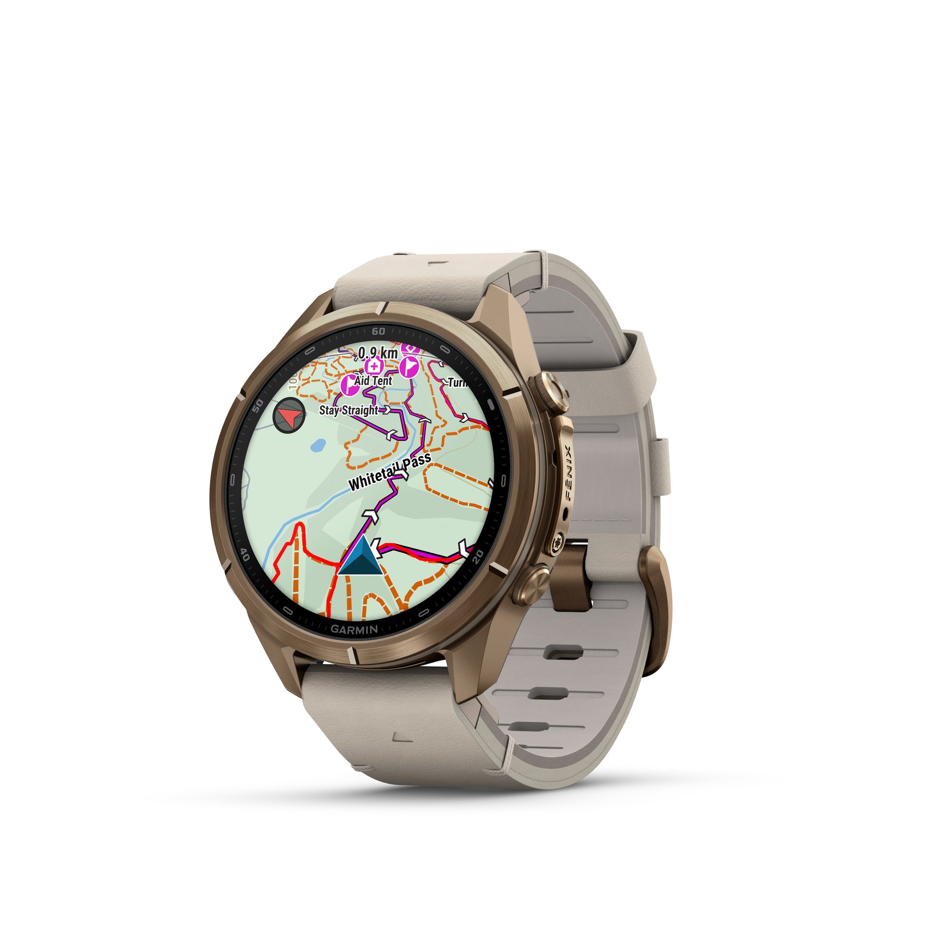 Garmin fēnix® 9 Pro inReach® - 43 mm AMOLED Sapphire Autumn Gold Titan mit Leder-Armband Bone und Silikon-Armband Creme/French Gray 010-04335-41