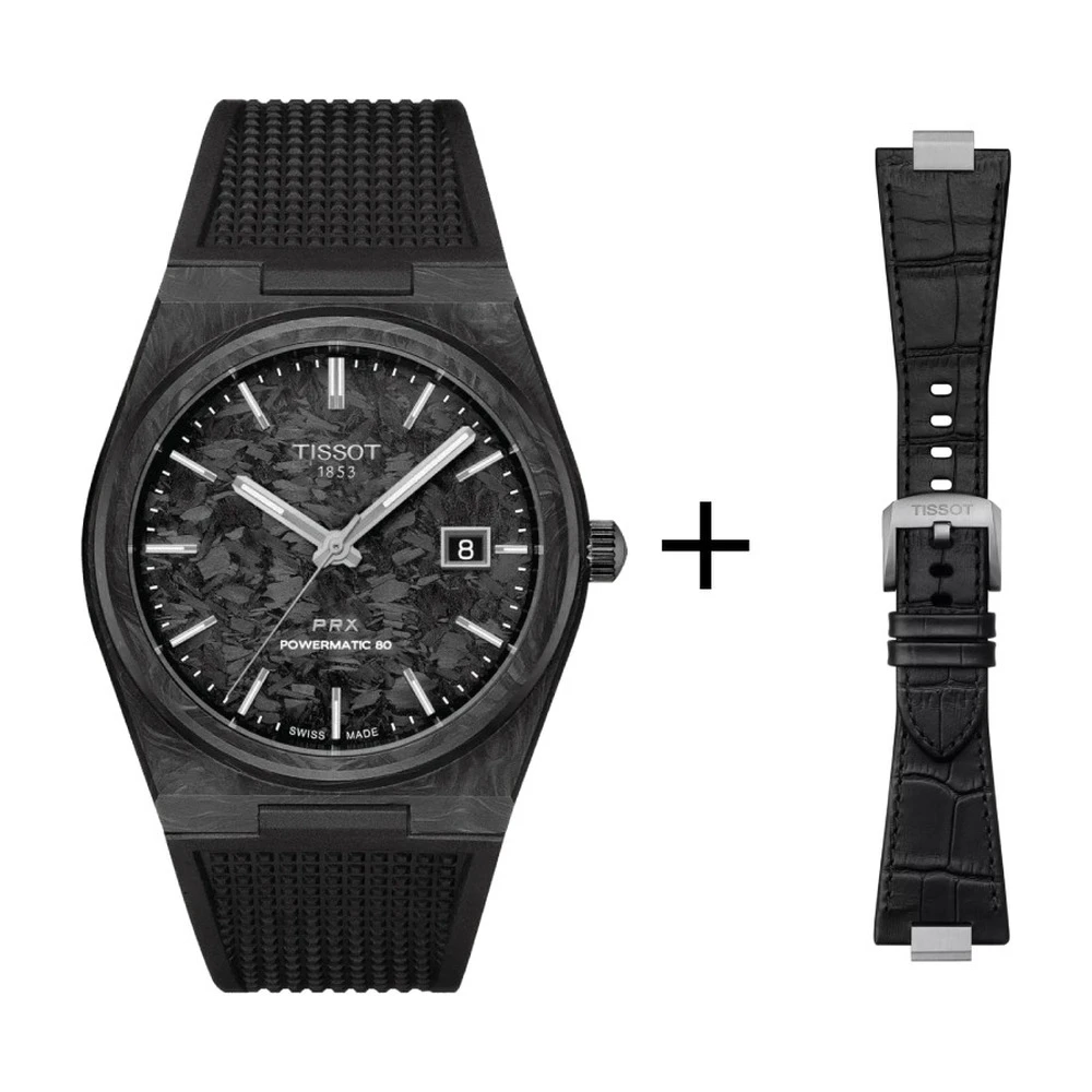 Tissot PRX 80 Herrenuhr CARBON T137.907.97.201.00 Set mit schwarzem Lederband Krokooptik