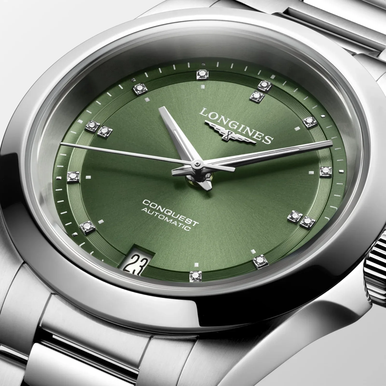 Longines Conquest Grün Diamanten Edelstahlband 34 mm Damenuhr L3.430.4.07.6