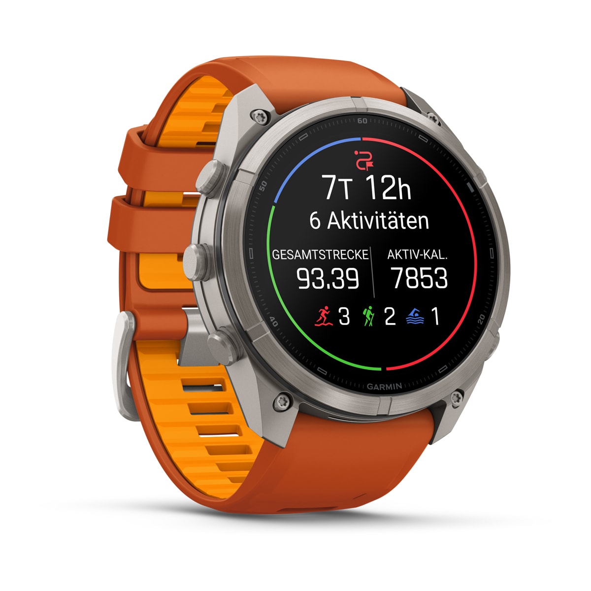Garmin fēnix® 9 Pro inReach® - 51 mm AMOLED Sapphire Titan mit Silikon-Armband Autumn Orange/Spark Orange 010-04337-01