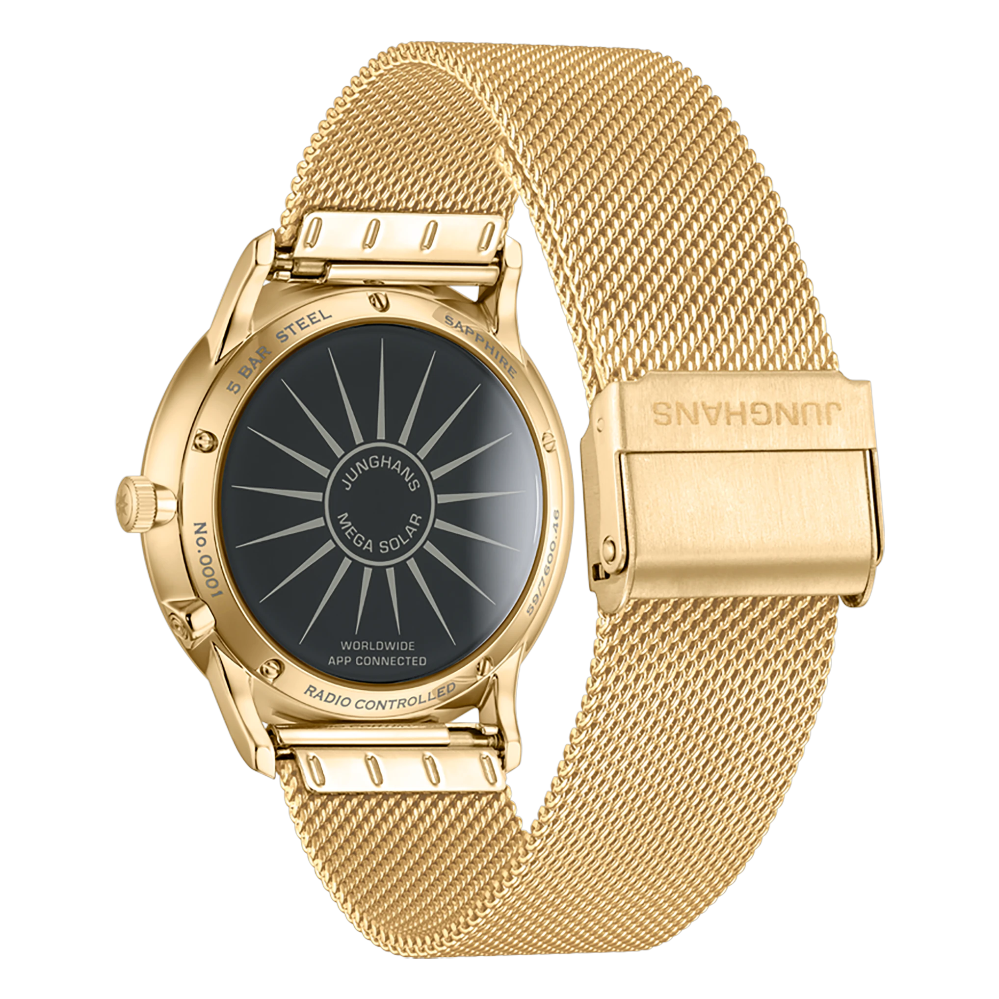 Junghans Meister MEGA Solar, Funk-Solarwerk, 38 mm, Milanaiseband Gold Herrenuhr 59/7600.46