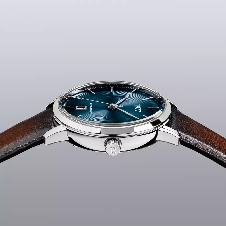 1977 EDMOND Automatique, 40 MM, Cadran Bleu, Bracelet Cuir Marron Herrenuhr 1977P01164